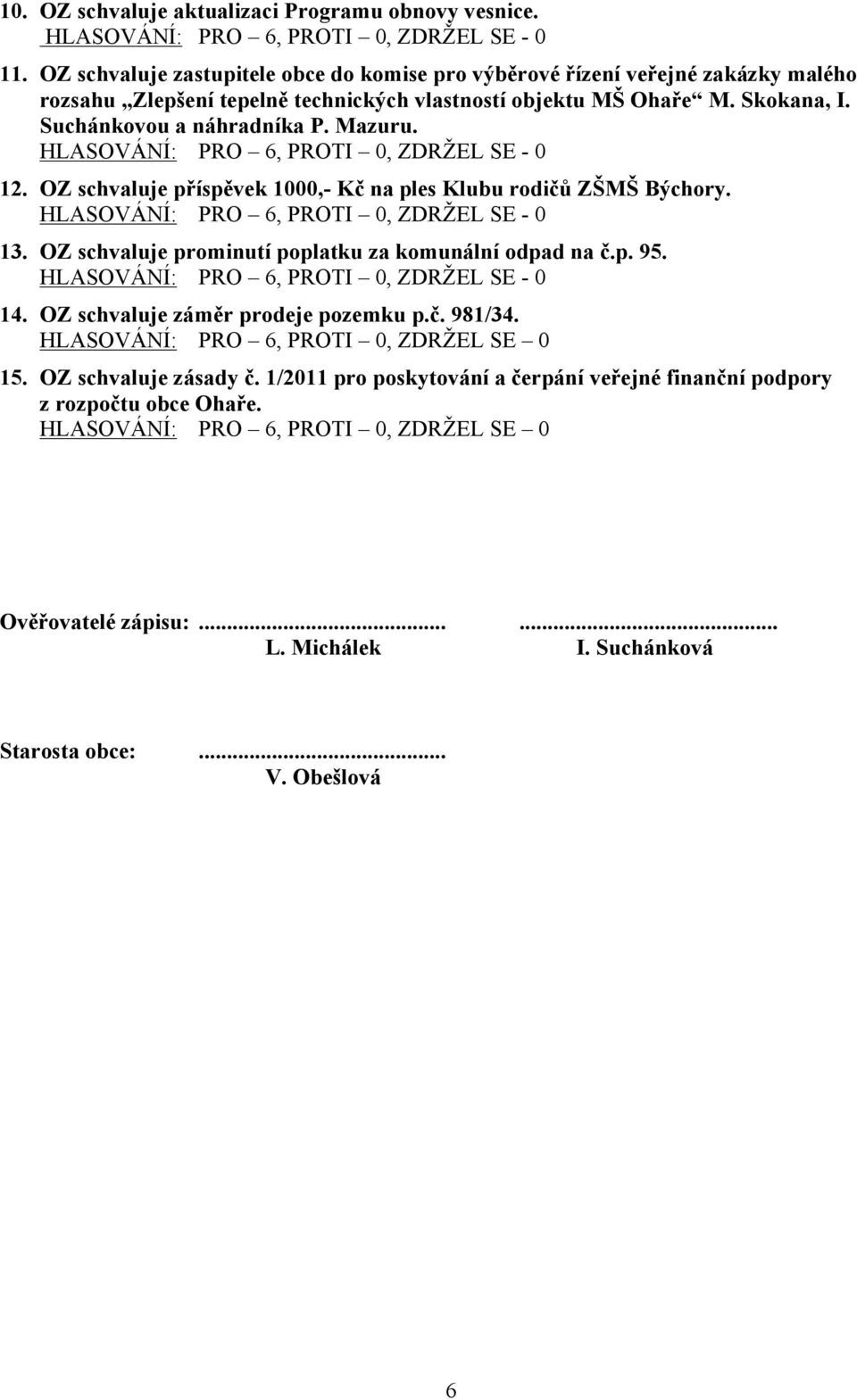 Suchánkovou a náhradníka P. Mazuru. 12. OZ schvaluje příspěvek 1000,- Kč na ples Klubu rodičů ZŠMŠ Býchory. 13. OZ schvaluje prominutí poplatku za komunální odpad na č.p. 95. 14.