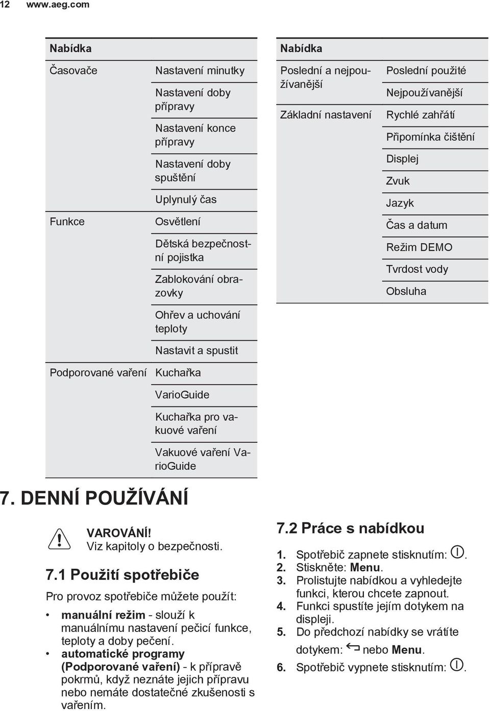 Rychlé zahřátí Připomínka čištění Displej Zvuk Uplynulý čas Jazyk Funkce Osvětlení Čas a datum Dětská bezpečnostní pojistka Zablokování obrazovky Režim DEMO Tvrdost vody Obsluha Ohřev a uchování