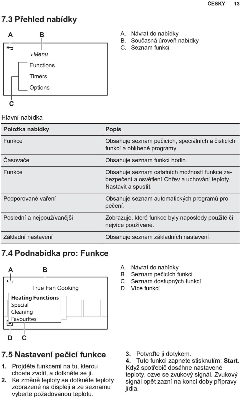 oblíbené programy. Obsahuje seznam funkcí hodin. Obsahuje seznam ostatních možností funkce zabezpečení a osvětlení Ohřev a uchování teploty, Nastavit a spustit.