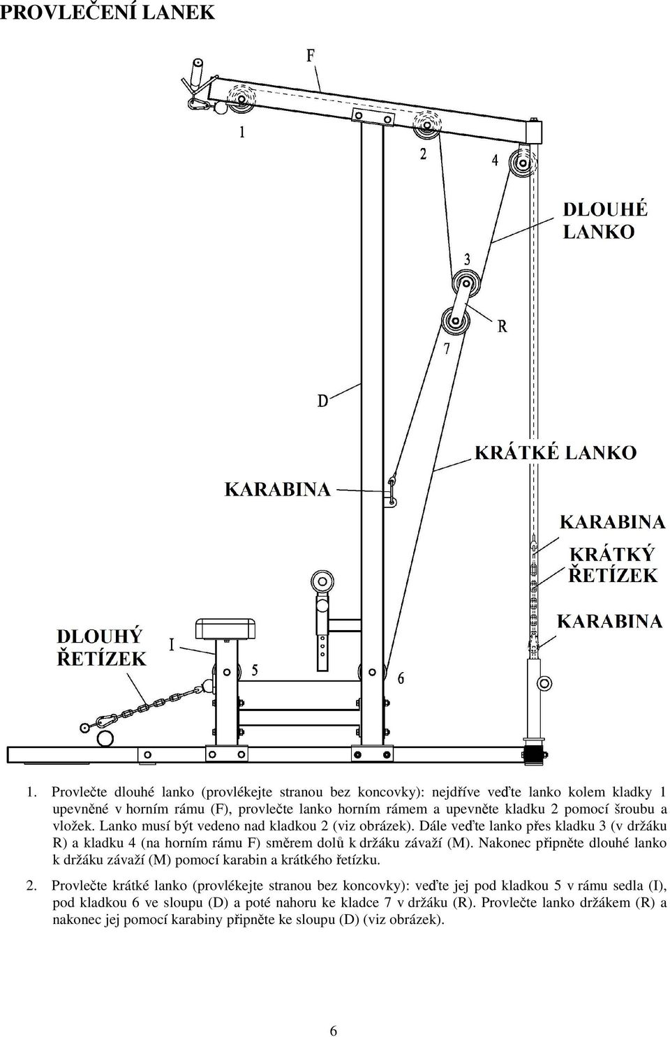 šroubu a vložek. Lanko musí být vedeno nad kladkou 2 (viz obrázek). Dále veďte lanko přes kladku 3 (v držáku R) a kladku 4 (na horním rámu F) směrem dolů k držáku závaží (M).