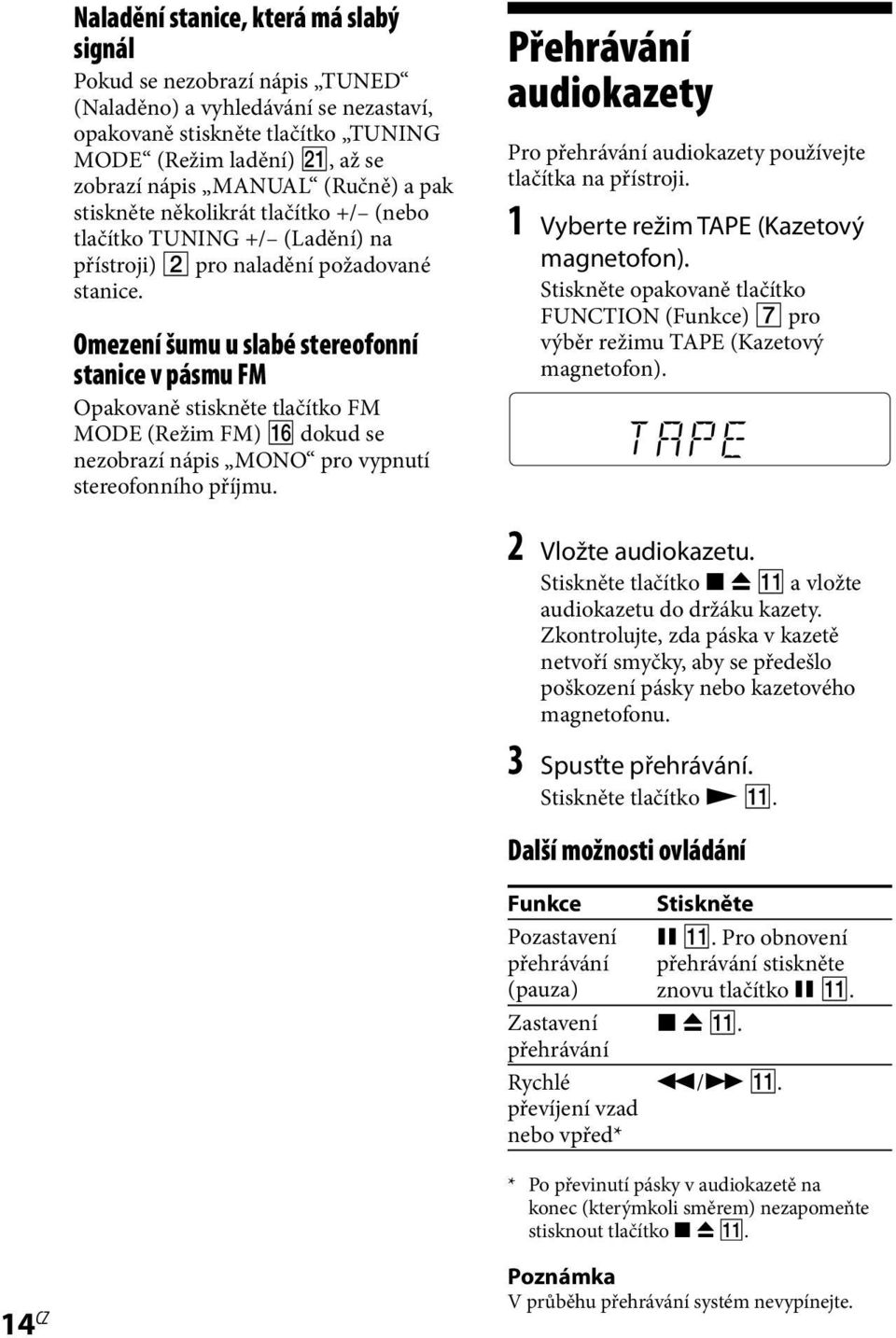 Omezení šumu u slabé stereofonní stanice v pásmu FM Opakovaně stiskněte tlačítko FM MODE (Režim FM) qh dokud se nezobrazí nápis MONO pro vypnutí stereofonního příjmu.
