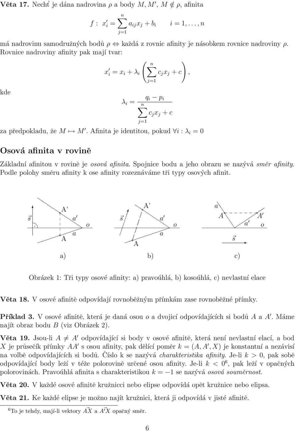 v rovině je osová afinita Spojnice bodu a jeho obrazu se nazývá směr afinity Podle polohy směru afinity k ose afinity rozeznáváme tři typy osových afinit A s a a A o A s a a A o a A A a o s a) b) c)