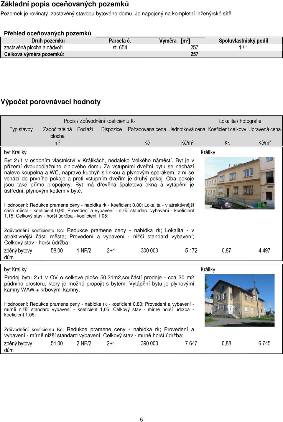 654 257 1 / 1 Celková výměra pozemků: 257 Výpočet porovnávací hodnoty Typ stavby byt Králíky Popis / Zdůvodnění koeficientu Kc Lokalita / Fotografie Započitatelná Podlaží Dispozice Požadovaná cena