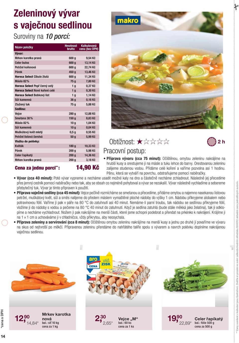 0,30 Kč Horeca Select Bobkový list 1 g 1,14 Kč Sůl kamenná 36 g 0,16 Kč Ztužený tuk 75 g 5,88 Kč Sedlina: Vejce 280 g 12,88 Kč Smetana 30 % 150 g 8,83 Kč Máslo 82 % 10 g 1,04 Kč Sůl kamenná 10 g 0,04