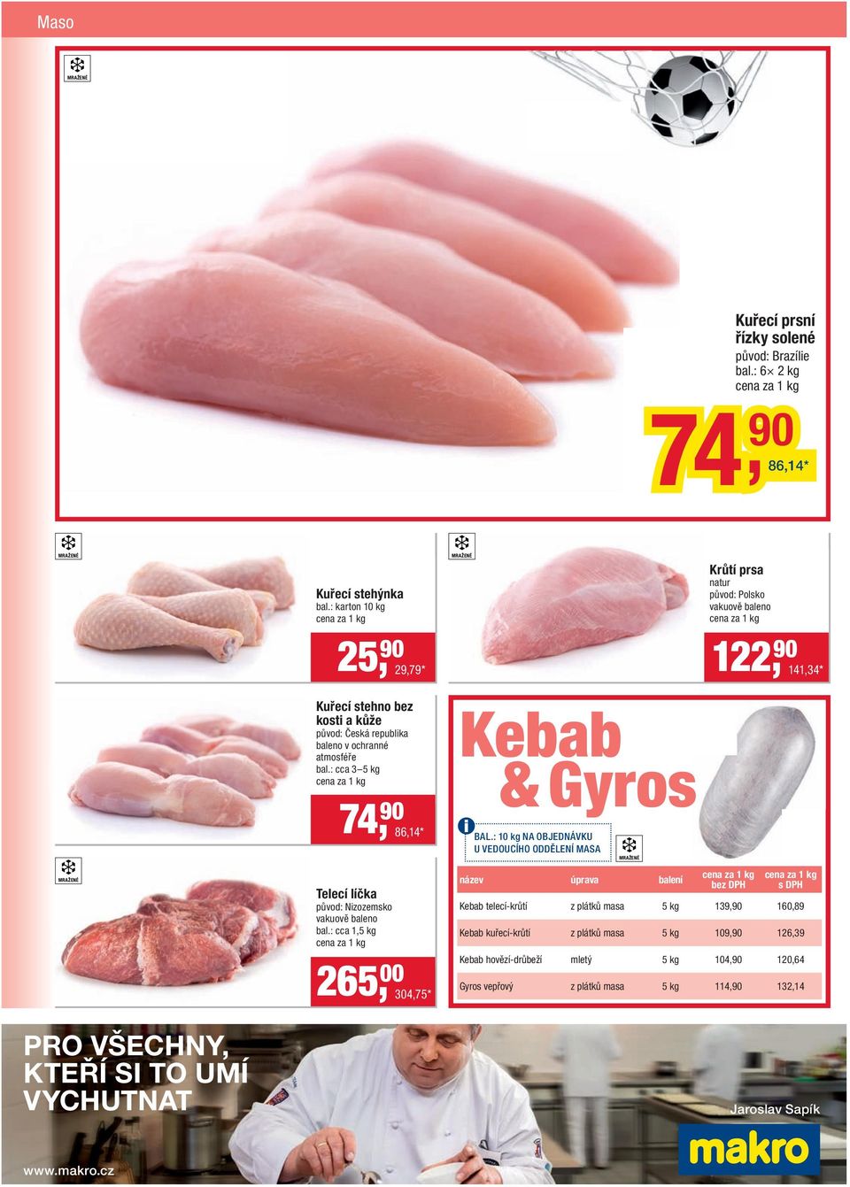 republika baleno v ochranné atmosféře bal.: cca 3 5 kg 74, 90 86,14 * Telecí líčka původ: Nizozemsko vakuově baleno bal.: cca 1,5 kg 265, 00 304,75 * Kebab & Gyros BAL.