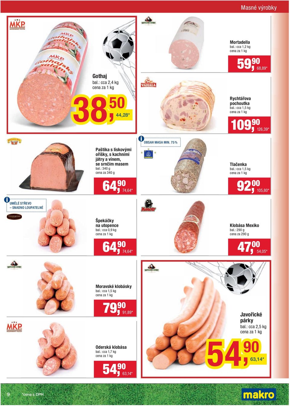 75 % Tlačenka bal.: cca 1,5 kg 64, 90 74,64 * 92, 00 105,80 * UMĚLÉ STŘEVO SNADNO LOUPATELNÉ Špekáčky na utopence bal.: cca 0,9 kg Klobása Mexiko bal.