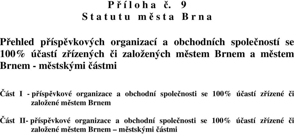 účastí zřízených či založených městem Brnem a městem Brnem - městskými částmi Část I - příspěvkové