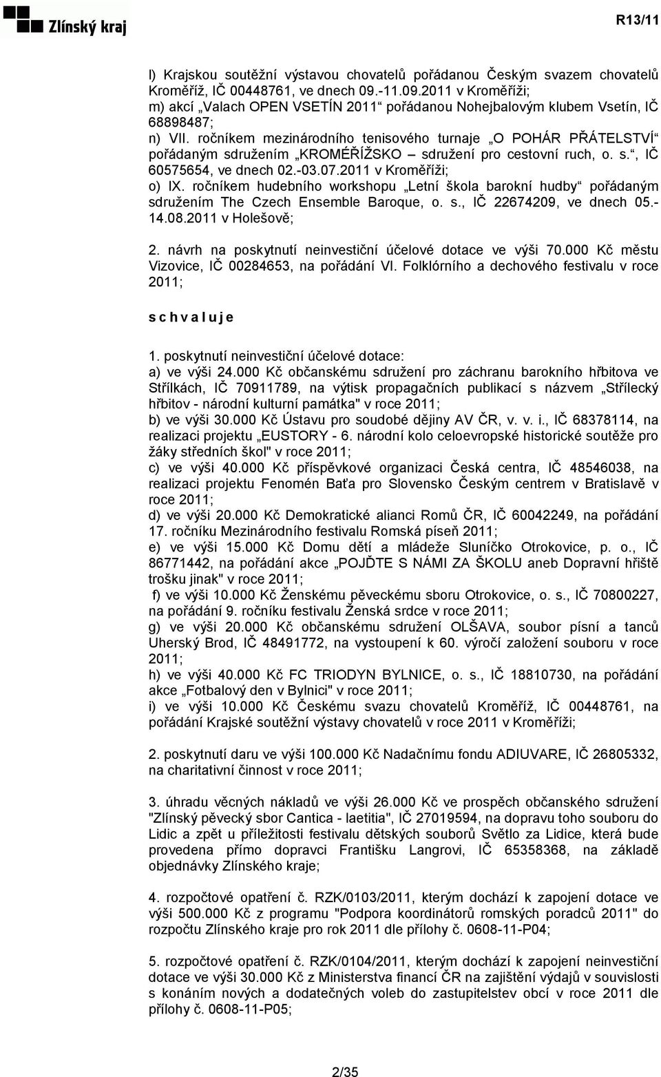 ročníkem mezinárodního tenisového turnaje O POHÁR PŘÁTELSTVÍ pořádaným sdružením KROMÉŘÍŽSKO sdružení pro cestovní ruch, o. s., IČ 60575654, ve dnech 02.-03.07.2011 v Kroměříži; o) IX.
