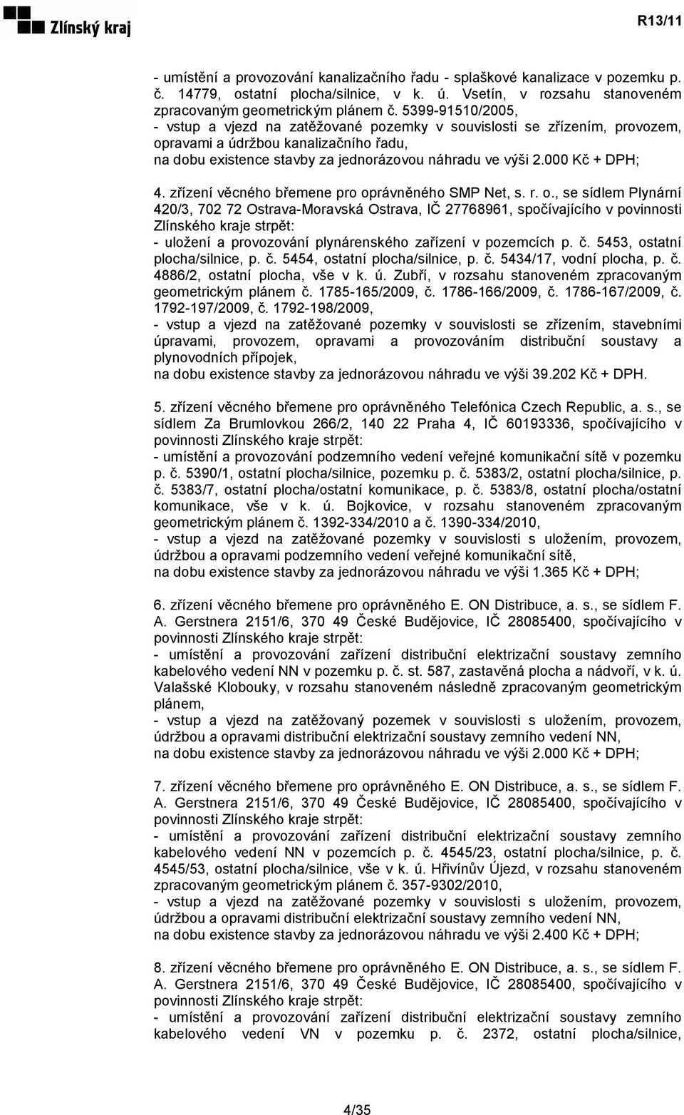 000 Kč + DPH; 4. zřízení věcného břemene pro op