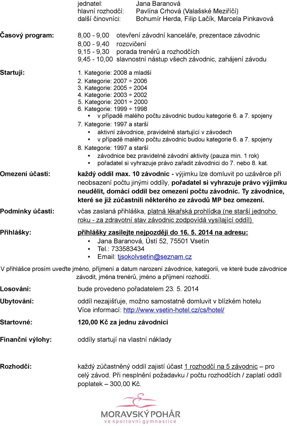 Kategorie: 2008 a mladší 2. Kategorie: 2007 2006 3. Kategorie: 2005 2004 4. Kategorie: 2003 2002 5. Kategorie: 2001 2000 6. Kategorie: 1999 1998 v případě malého počtu závodnic budou kategorie 6. a 7.