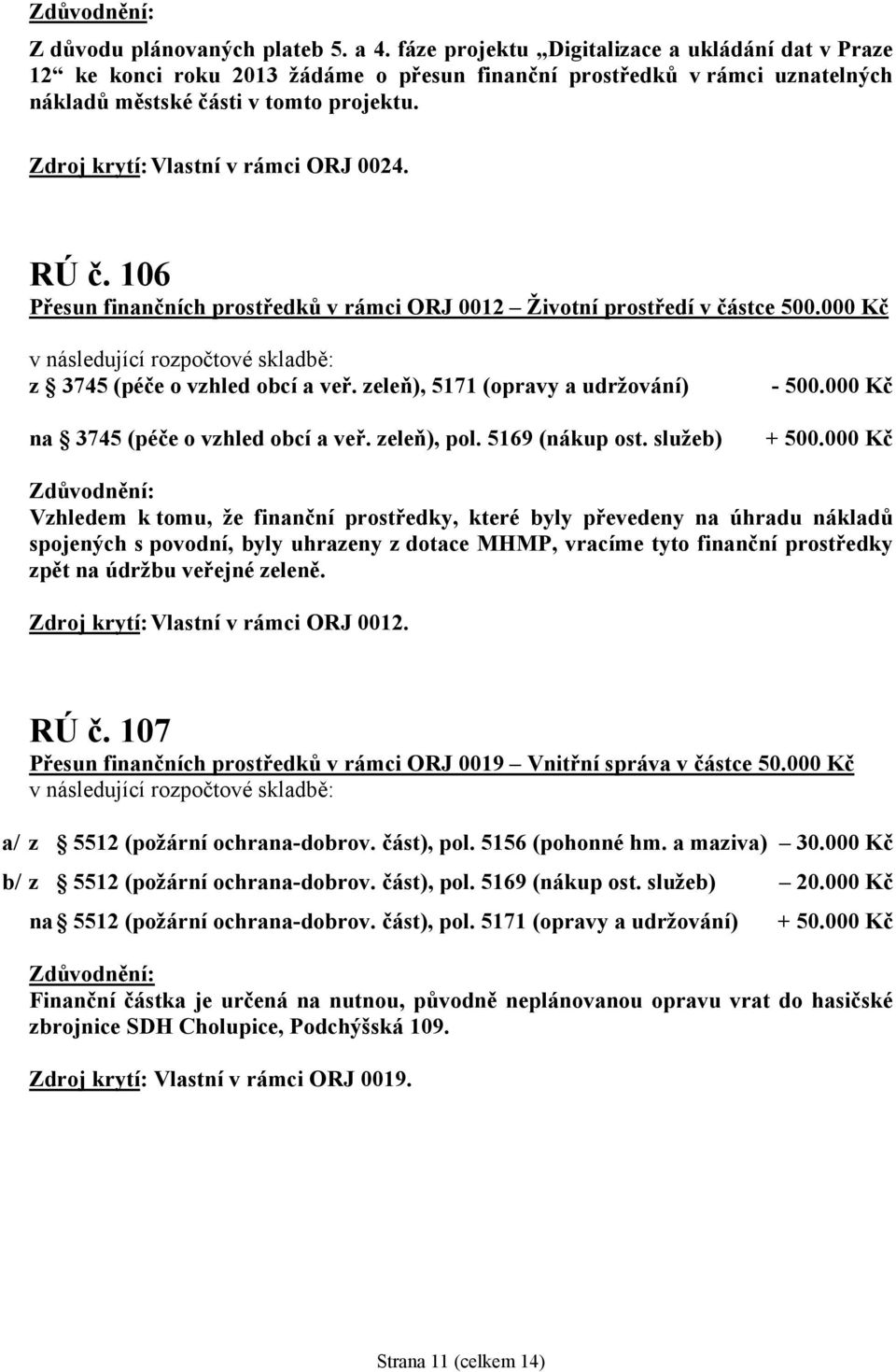 Zdroj krytí: Vlastní v rámci ORJ 0024. RÚ č. 106 Přesun finančních prostředků v rámci ORJ 0012 Životní prostředí v částce 500.000 Kč z 3745 (péče o vzhled obcí a veř.