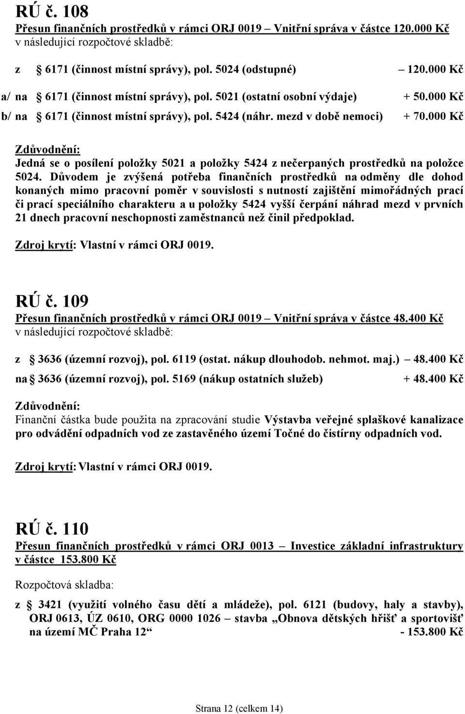 000 Kč Jedná se o posílení položky 5021 a položky 5424 z nečerpaných prostředků na položce 5024.