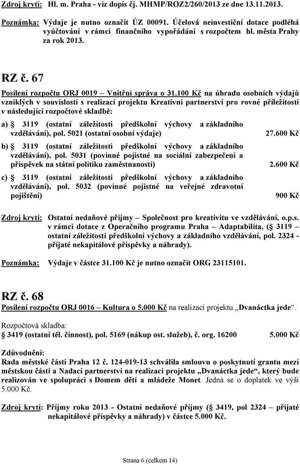 100 Kč na úhradu osobních výdajů vzniklých v souvislosti s realizací projektu Kreativní partnerství pro rovné příležitosti a) 3119 (ostatní záležitosti předškolní výchovy a základního vzdělávání),