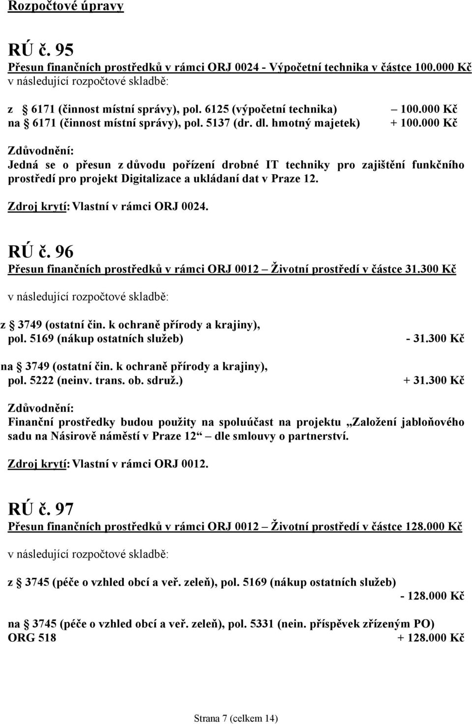 000 Kč Jedná se o přesun z důvodu pořízení drobné IT techniky pro zajištění funkčního prostředí pro projekt Digitalizace a ukládaní dat v Praze 12. Zdroj krytí: Vlastní v rámci ORJ 0024. RÚ č.