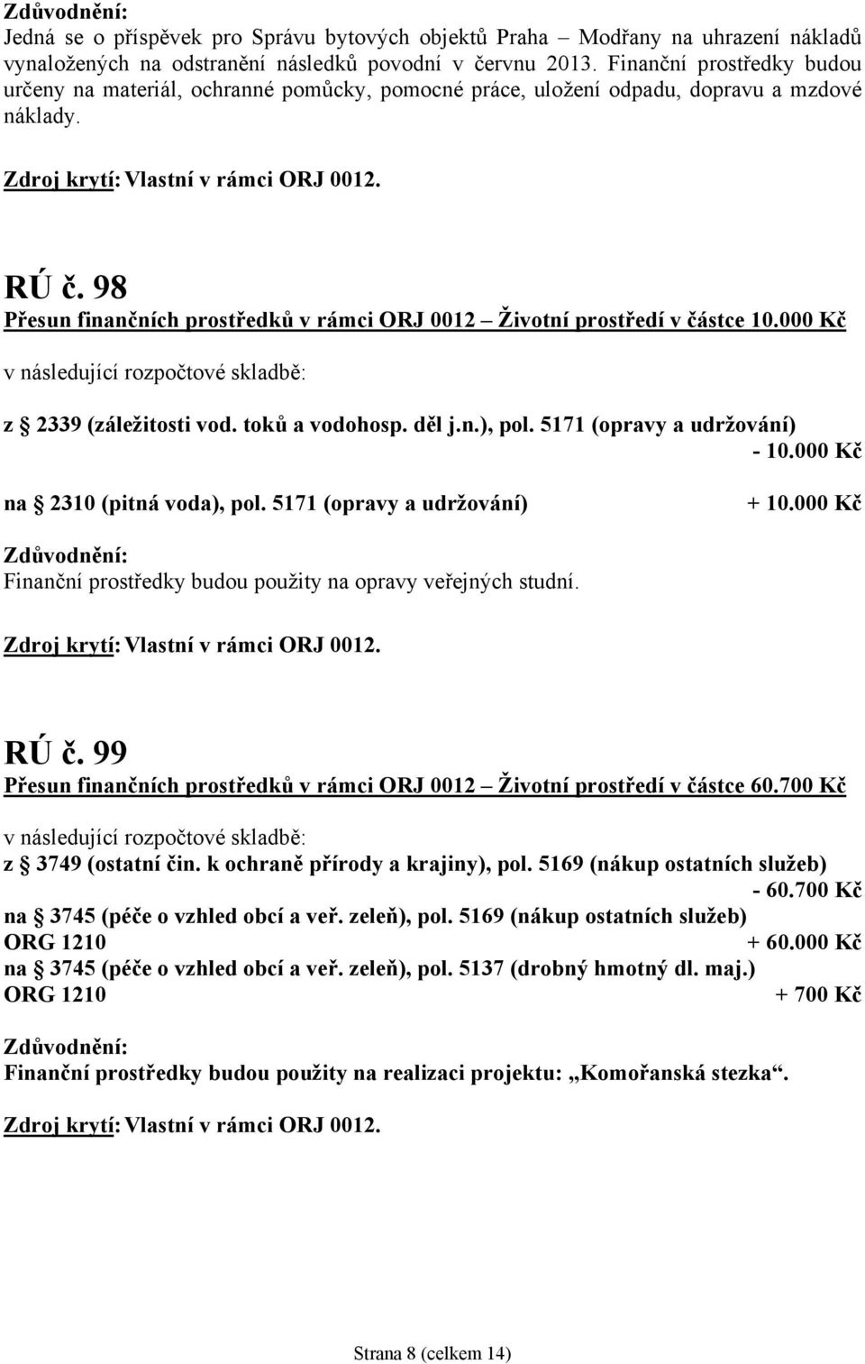 98 Přesun finančních prostředků v rámci ORJ 0012 Životní prostředí v částce 10.000 Kč z 2339 (záležitosti vod. toků a vodohosp. děl j.n.), pol. 5171 (opravy a udržování) - 10.