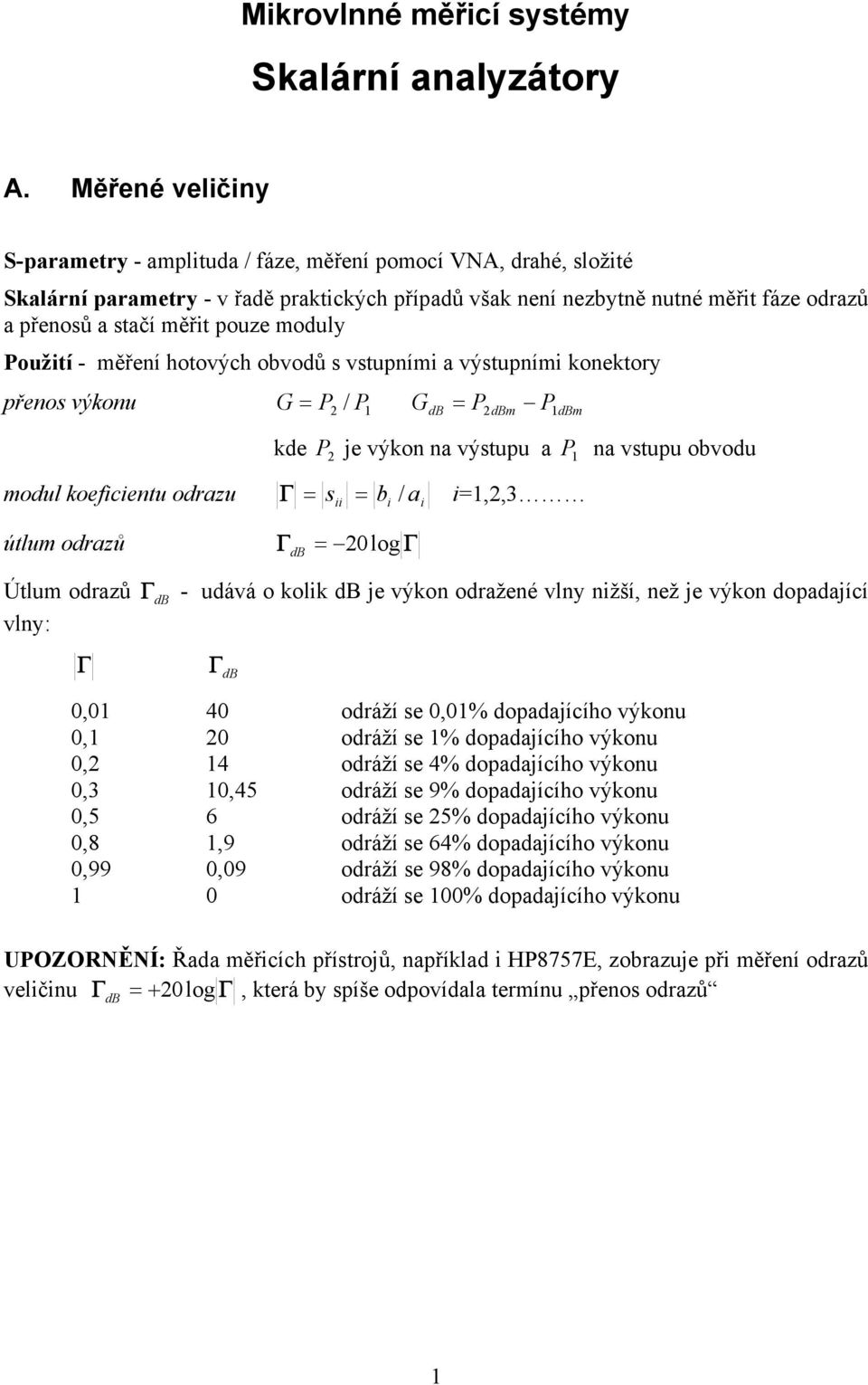 pouze moduly Použití - měření hotových obvodů s vstupními a výstupními konektory přenos výkonu G = P / P 2 1 GdB = P2 dbm P1 dbm kde P 2 je výkon na výstupu a P 1 na vstupu obvodu modul koeficientu