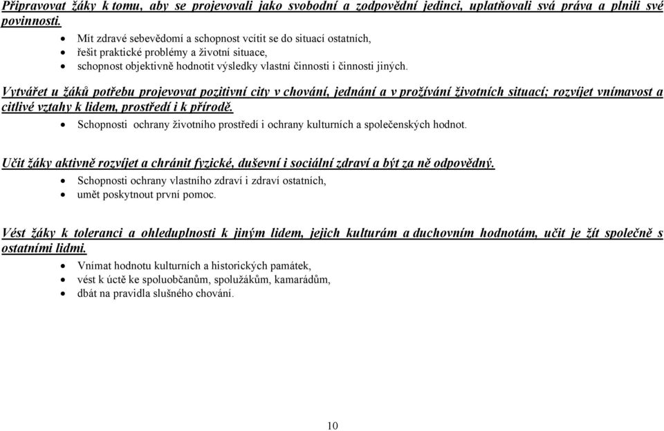 Vytvářet u žáků potřebu projevovat pozitivní city v chování, jednání a v prožívání životních situací; rozvíjet vnímavost a citlivé vztahy k lidem, prostředí i k přírodě.