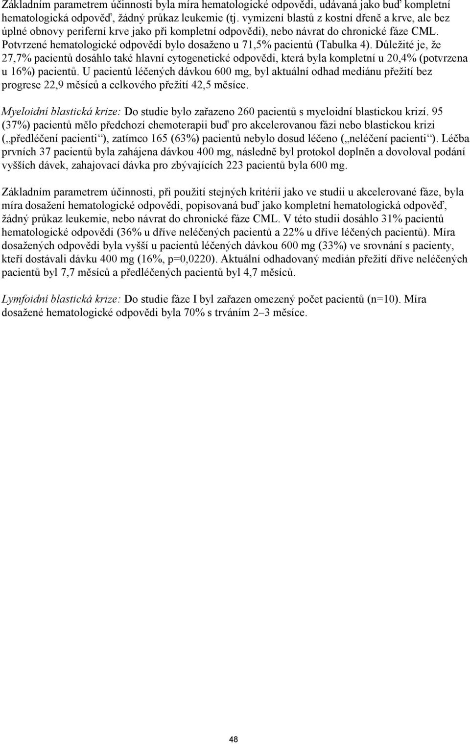 Potvrzené hematologické odpovědi bylo dosaţeno u 71,5% pacientů (Tabulka 4).