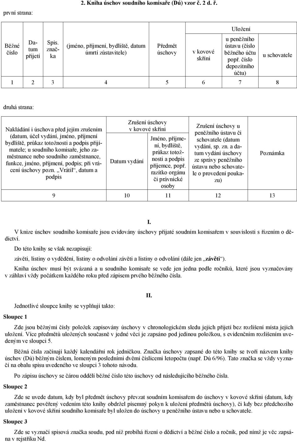 číslo depozitního účtu) u schovatele 1 2 3 4 5 6 7 8 druhá strana: Nakládání i úschova před jejím zrušením (datum, účel vydání, jméno, příjmení bydliště, průkaz totožnosti a podpis přijímatele; u