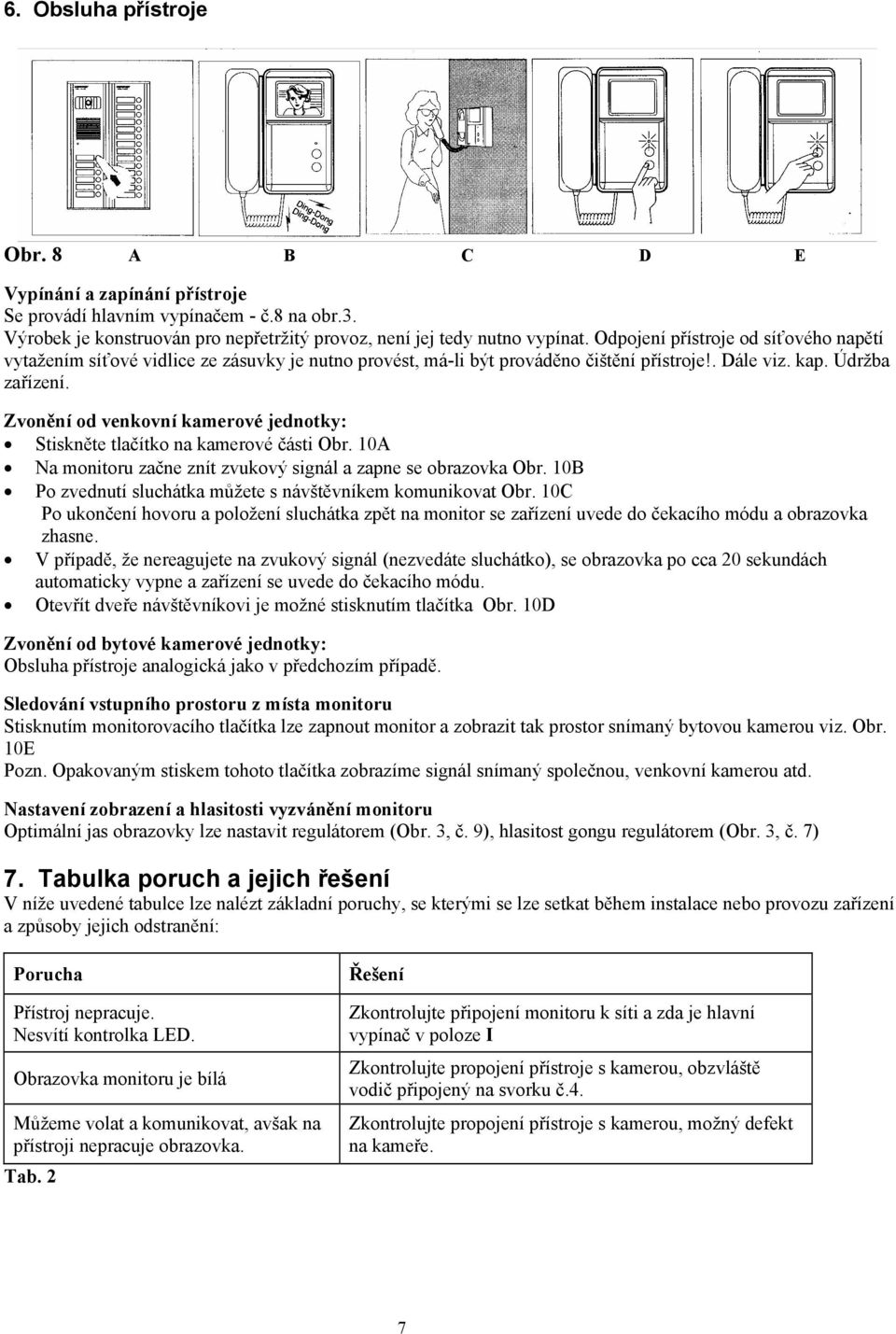 Zvonění od venkovní kamerové jednotky: Stiskněte tlačítko na kamerové části Obr. 10A Na monitoru začne znít zvukový signál a zapne se obrazovka Obr.