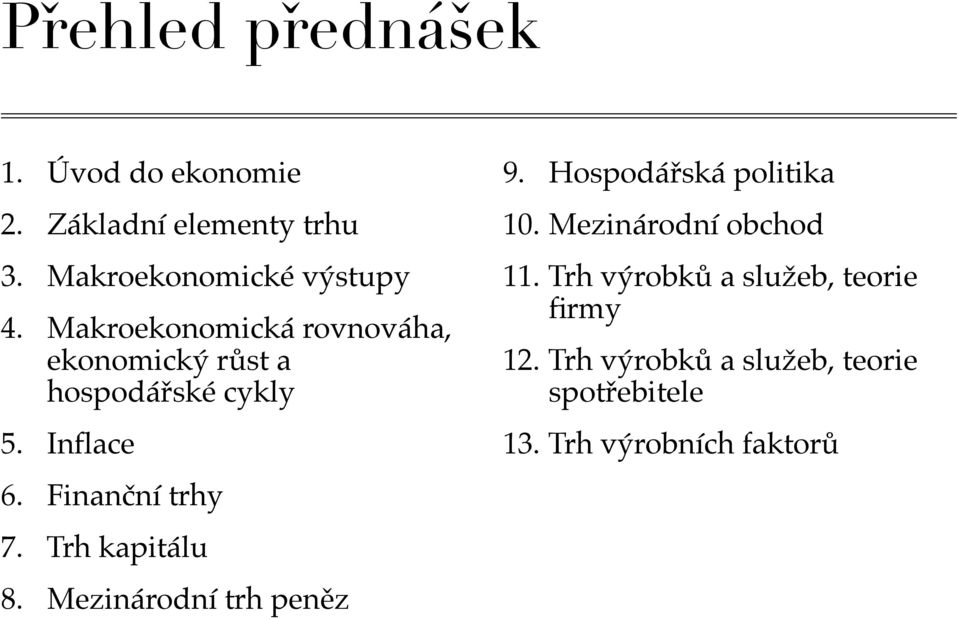 Trh kapitálu 8. Mezinárodní trh peněz 9. Hospodářská politika 10. Mezinárodní obchod 11.