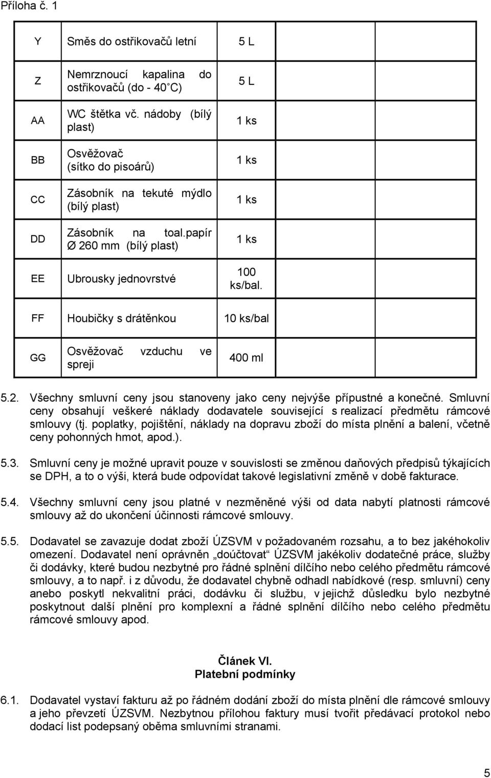 FF Houbičky s drátěnkou 10 ks/bal GG Osvěžovač vzduchu ve spreji 400 ml 5.2. Všechny smluvní ceny jsou stanoveny jako ceny nejvýše přípustné a konečné.