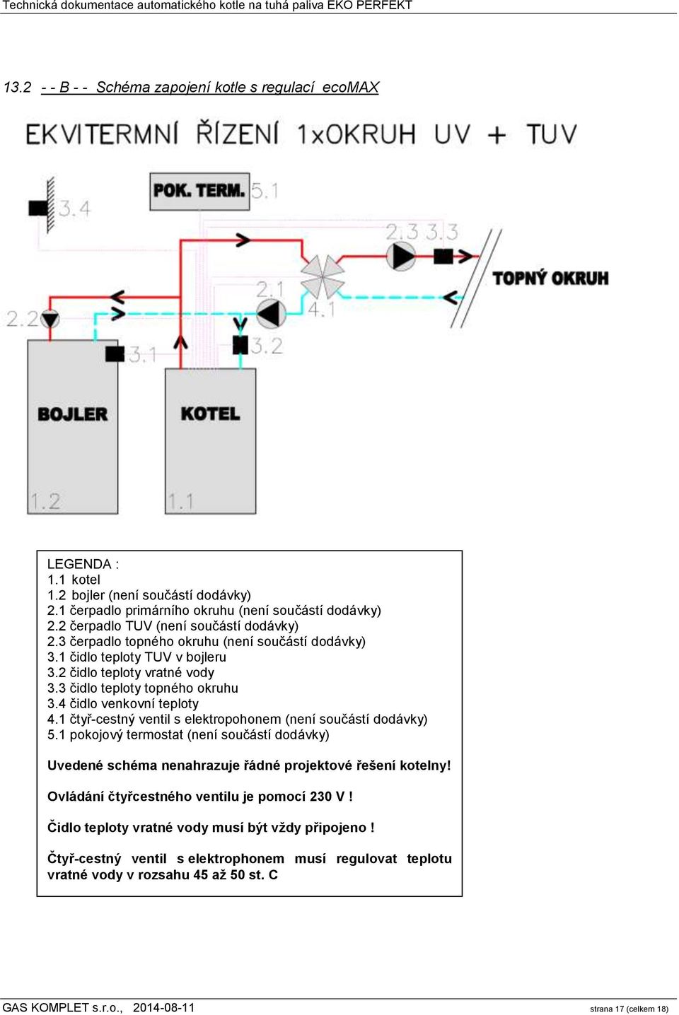 4 čidlo venkovní teploty 4.1 čtyř-cestný ventil s elektropohonem (není součástí dodávky) 5.1 pokojový termostat (není součástí dodávky) Uvedené schéma nenahrazuje řádné projektové řešení kotelny!