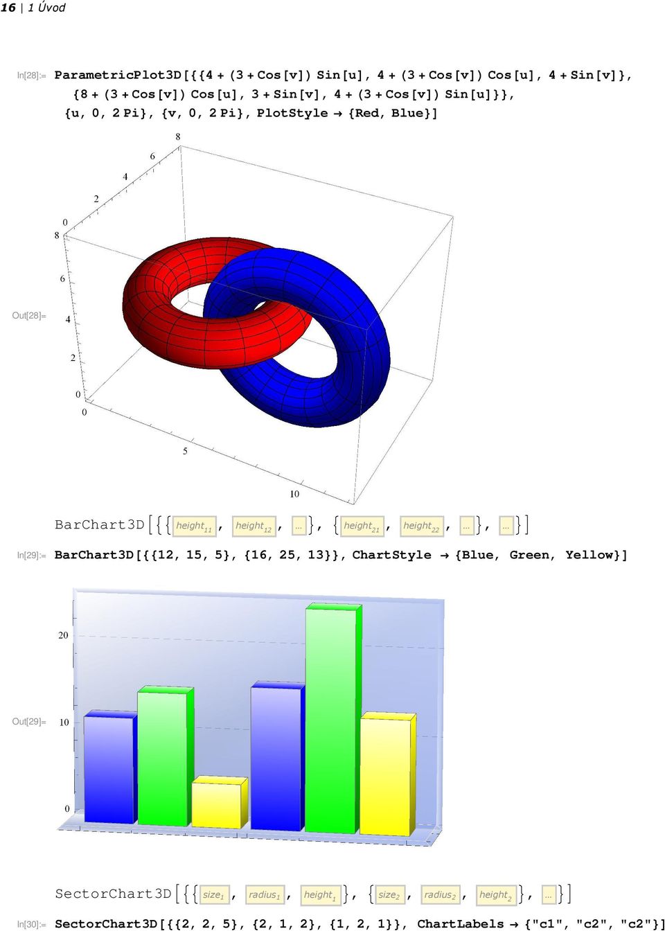 height, height, =, =E In[9]:= BarChart3D@88, 5, 5<, 86, 5, 3<<, ChartStyle 8Blue, Green, Yellow<D Out[9]= SectorChart3DA99