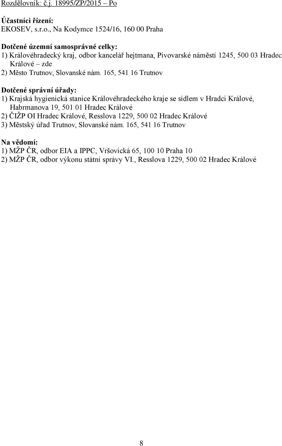 165, 541 16 Trutnov Dotčené správní úřady: 1) Krajská hygienická stanice Královéhradeckého kraje se sídlem v Hradci Králové, Habrmanova 19, 501 01 Hradec Králové 2) ČIŽP OI