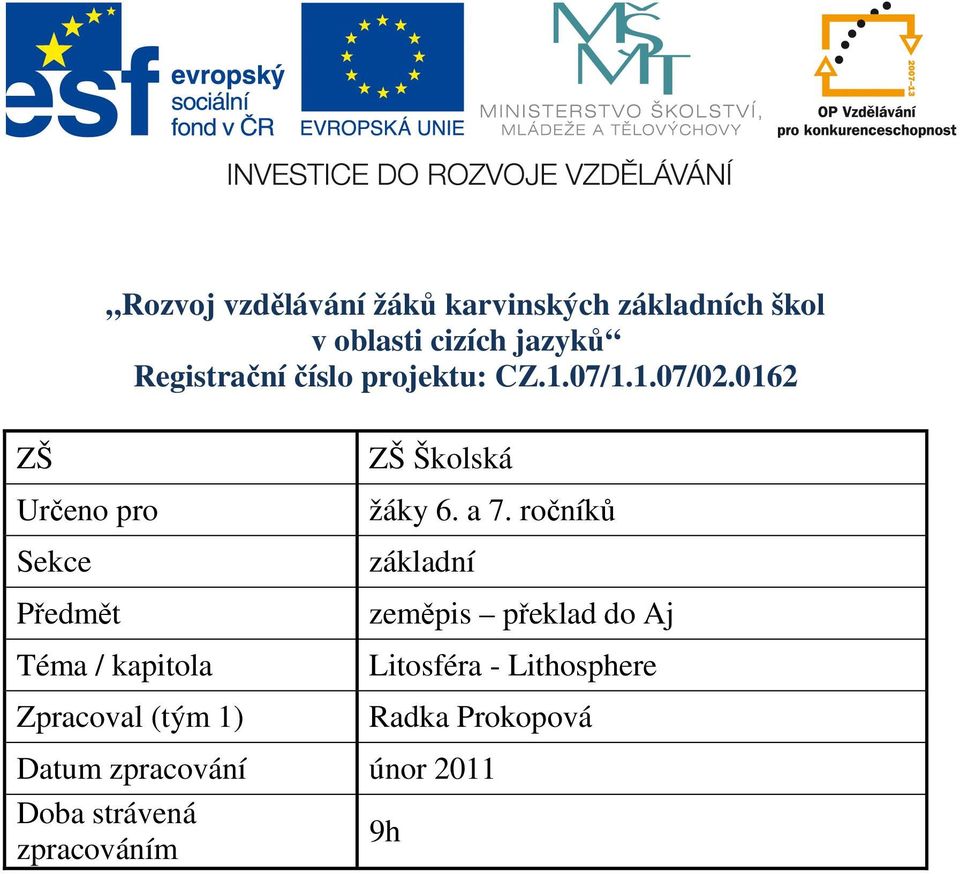 0162 ZŠ Určeno pro Sekce Předmět Téma / kapitola Zpracoval (tým 1) ZŠ Školská žáky 6.