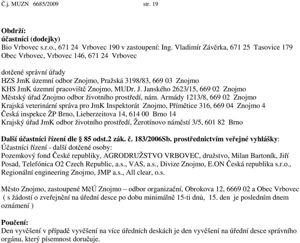 MUDr. J. Janského 2623/15, 669 02 Znojmo Městský úřad Znojmo odbor životního prostředí, nám.