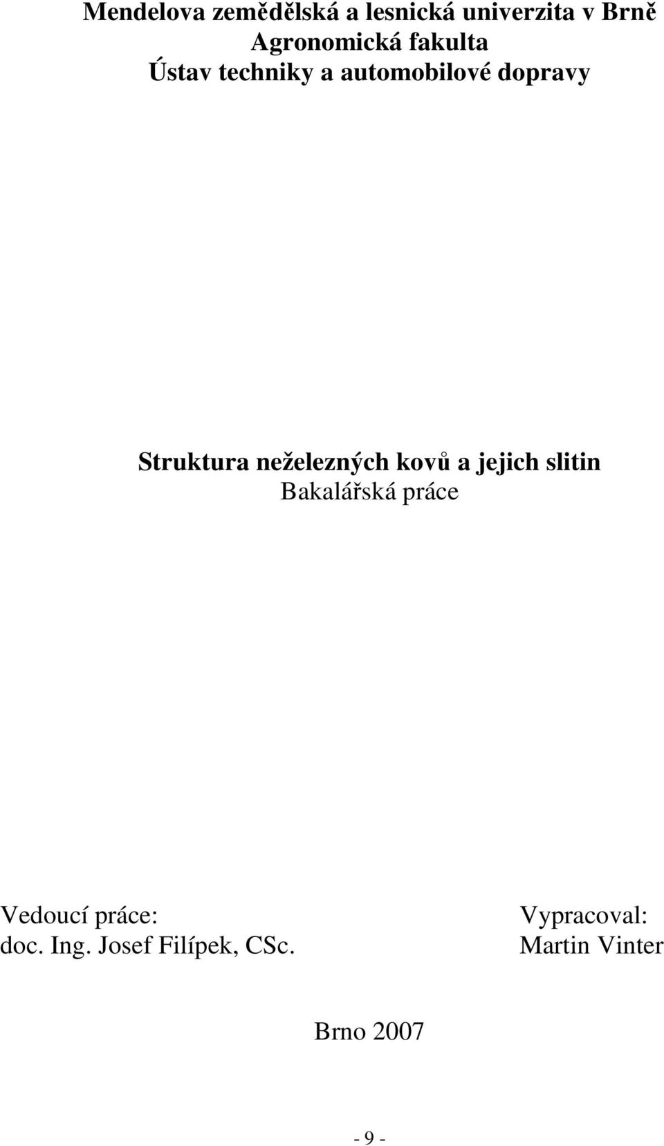 neželezných kovů a jejich slitin Bakalářská práce Vedoucí