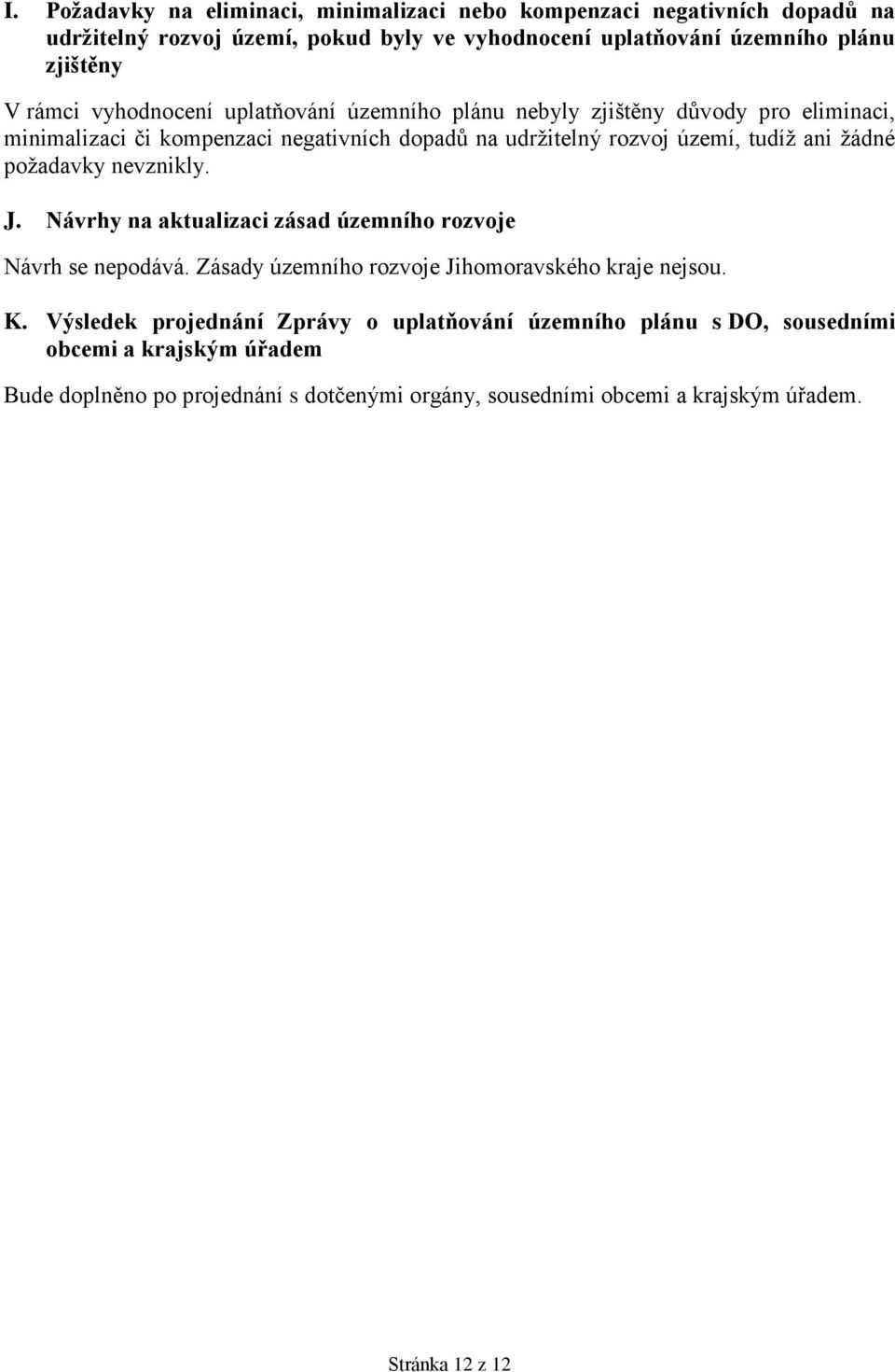 žádné požadavky nevznikly. J. Návrhy na aktualizaci zásad územního rozvoje Návrh se nepodává. Zásady územního rozvoje Jihomoravského kraje nejsou. K.