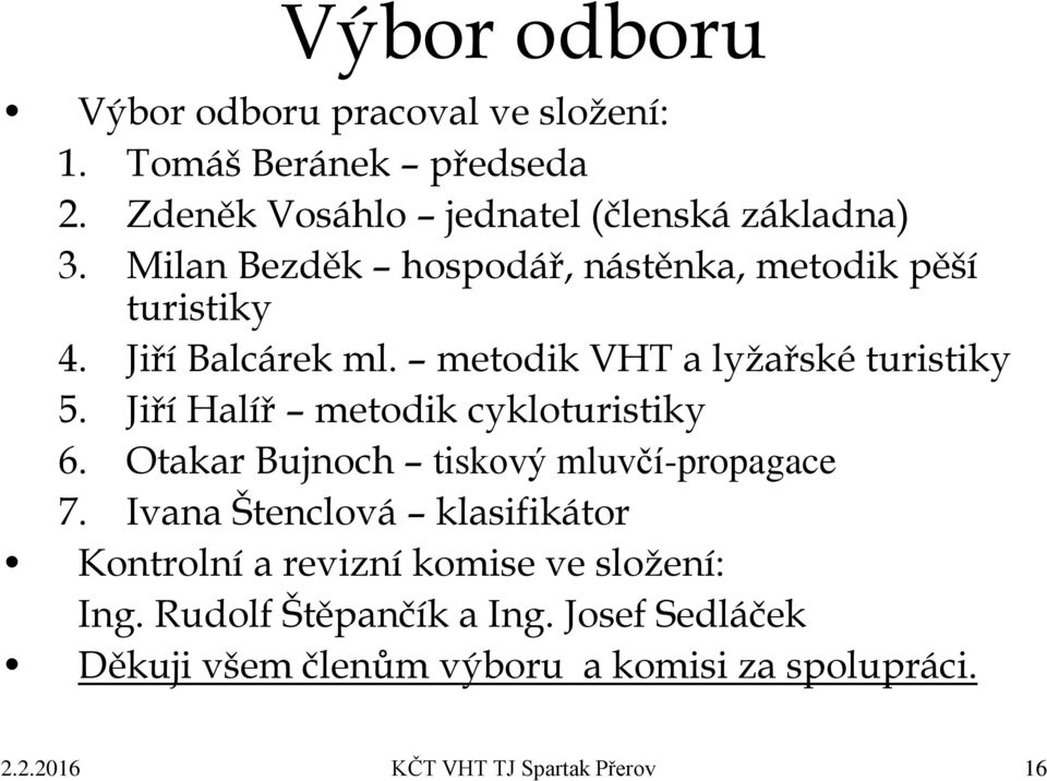Jiří Halíř metodik cykloturistiky 6. Otakar Bujnoch tiskový mluvčí-propagace 7.