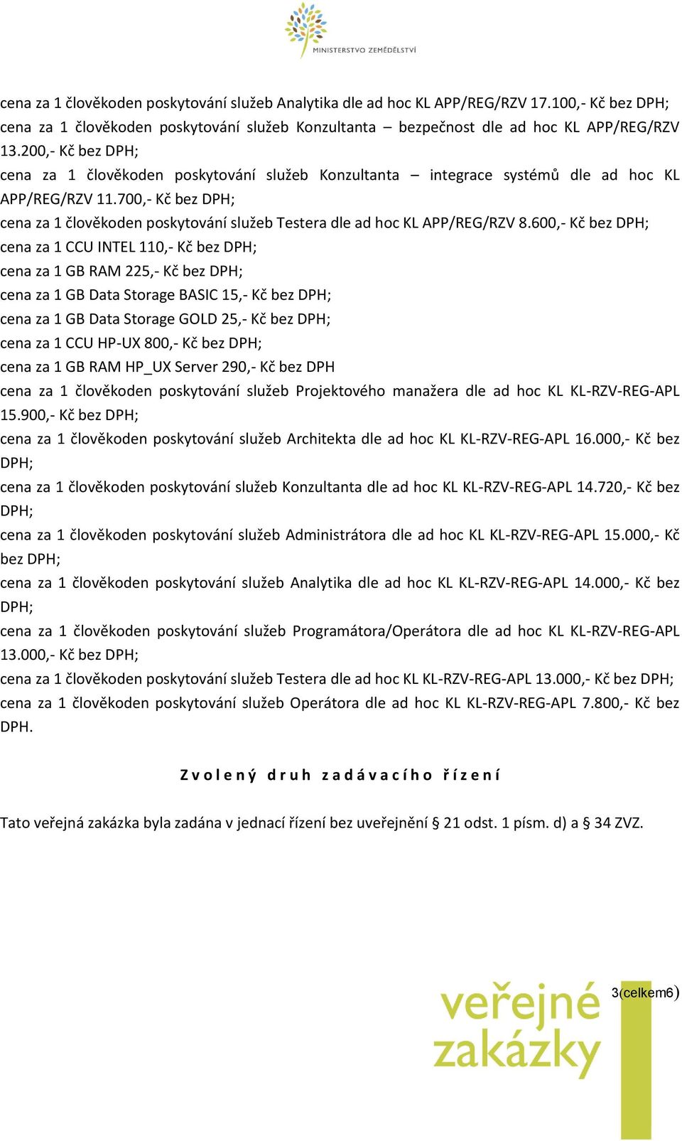 700,- Kč bez cena za 1 člověkoden poskytování služeb Testera dle ad hoc KL APP/REG/RZV 8.