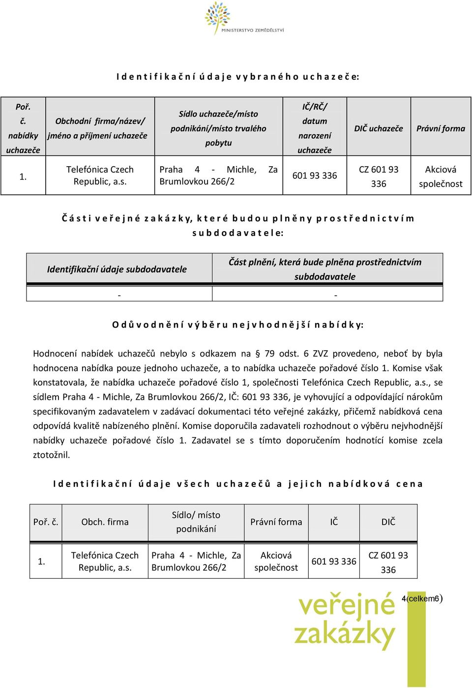 Praha 4 - Michle, Za Brumlovkou 266/2 601 93 336 CZ 601 93 336 Akciová společnost Č á s t i v e ř e j n é z a k á z k y, k t e r é b u d o u p l n ě n y p r o s t ř e d n i c t v í m s u b d o d a v