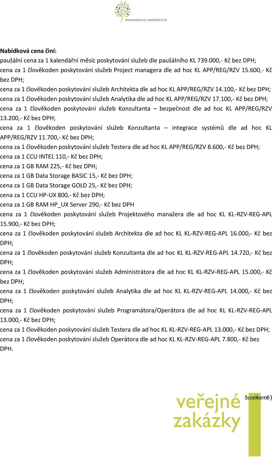 100,- Kč bez cena za 1 člověkoden poskytování služeb Konzultanta bezpečnost dle ad hoc KL APP/REG/RZV 13.