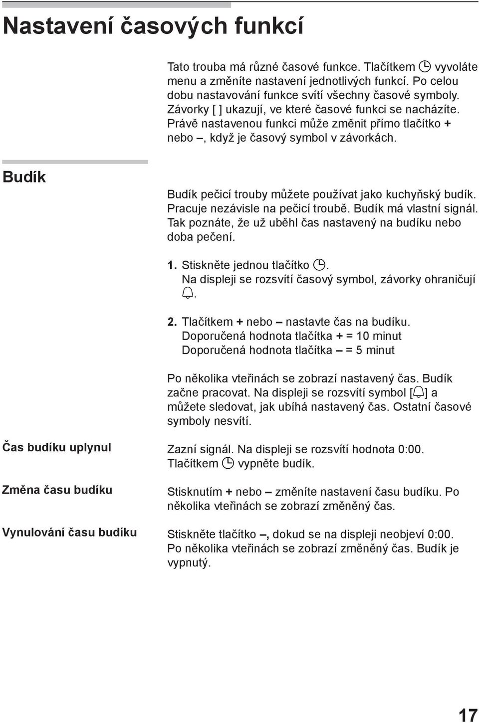 Budík Budík pečicí trouby můžete používat jako kuchyňský budík. Pracuje nezávisle na pečicí troubě. Budík má vlastní signál. Tak poznáte, že už uběhl čas nastavený na budíku nebo doba pečení. 1.