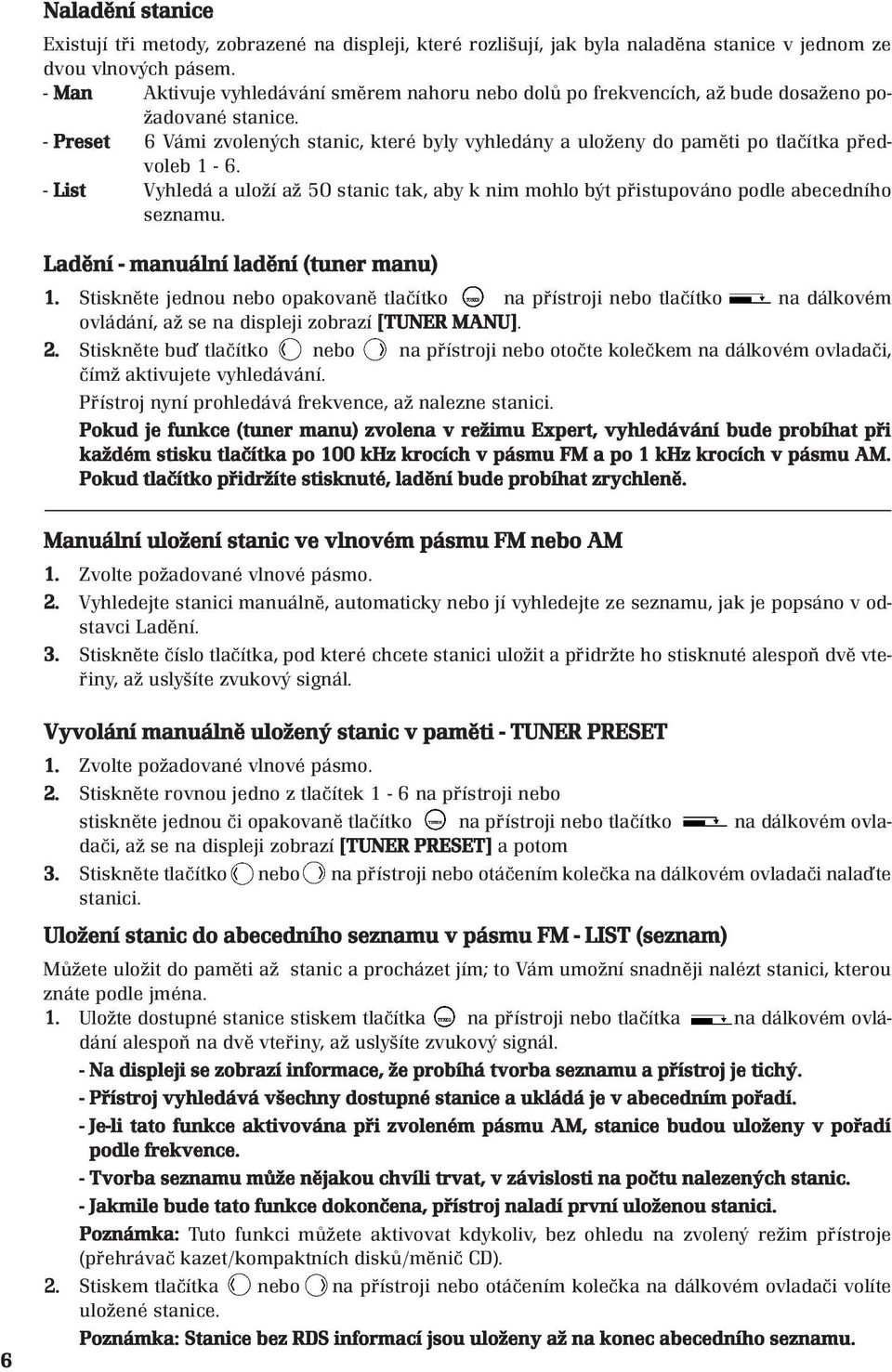 - Preset 6 Vámi zvolených stanic, které byly vyhledány a uloženy do paměti po tlačítka předvoleb 1-6.