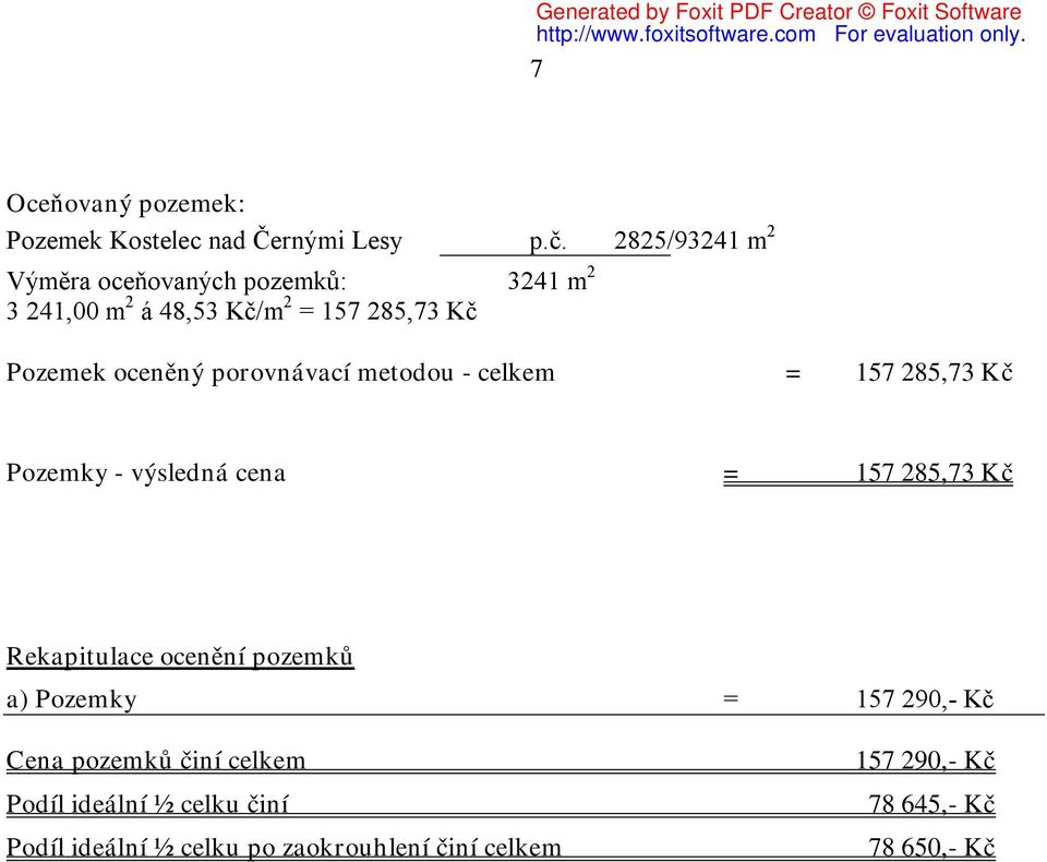 p.č. 2825/93241 m2 3241 m2 Pozemek oceněný porovnávací metodou - celkem Pozemky - výsledná cena = 157 = 157 =