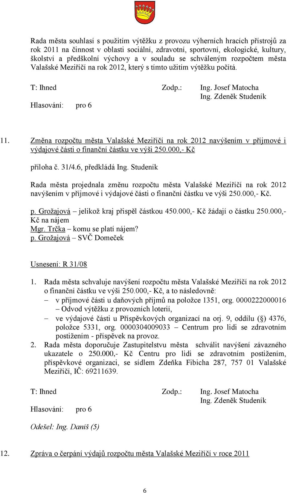 Změna rozpočtu města Valašské Meziříčí na rok 2012 navýšením v příjmové i výdajové části o finanční částku ve výši 250.000,- Kč příloha č. 31/4.6, předkládá Ing.