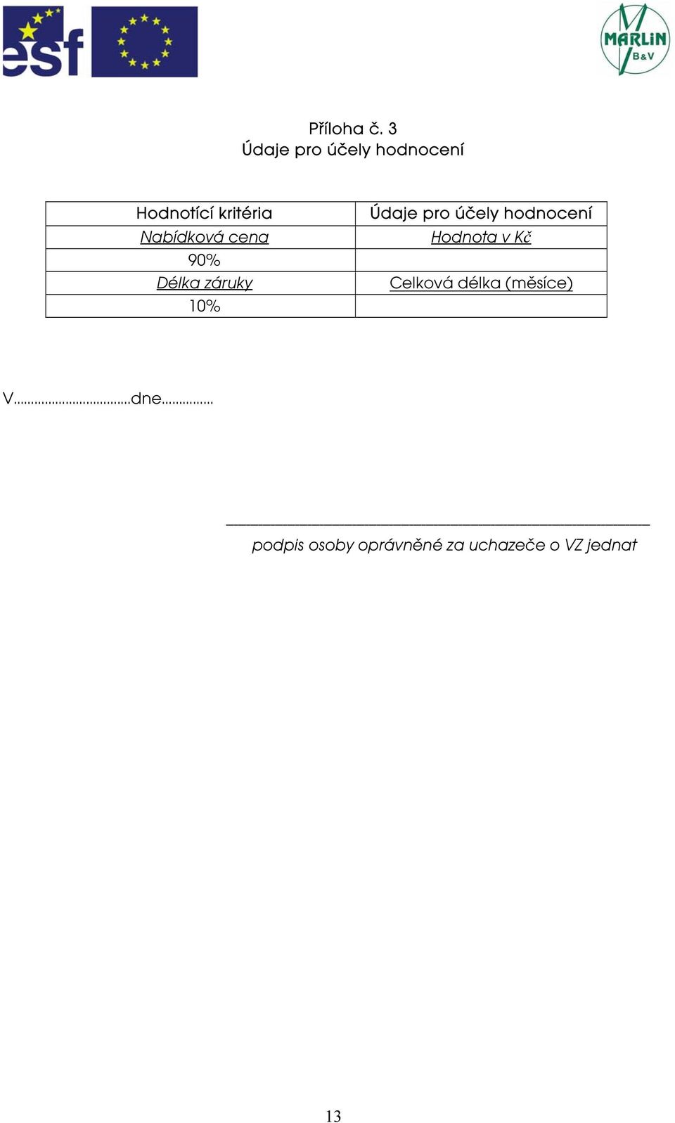 10% Údaje pro účely hodnocení Hodnota v Kč Celková délka (měsíce) V.