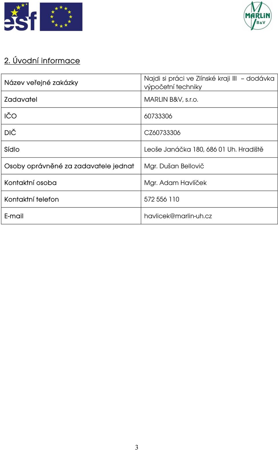 zadavatele jednat Kontaktní osoba CZ60733306 Leoše Janáčka 180, 686 01 Uh. Hradiště Mgr.
