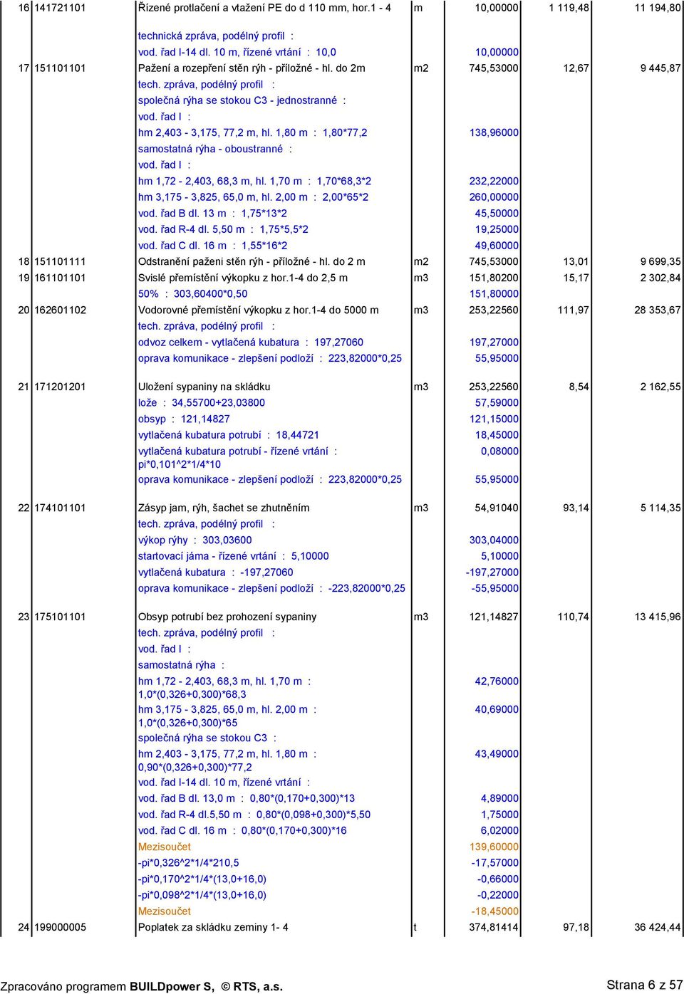 řad I : hm 2,403-3,175, 77,2 m, hl. 1,80 m : 1,80*77,2 138,96000 samostatná rýha - oboustranné : vod. řad I : hm 1,72-2,403, 68,3 m, hl. 1,70 m : 1,70*68,3*2 232,22000 hm 3,175-3,825, 65,0 m, hl.