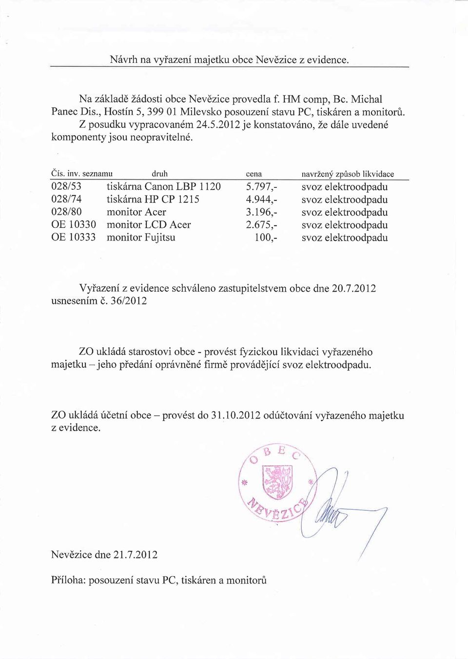 zprisob likvidace 028153 tisk6rna Canon LBP 1120 028174 tisk6rna HP CP 1215 028/80 monitor Acer OE 10330 monitor LCD Acer OE 10333 monitor Fuiitsu 5.797,- 4.944,- 3.196,- 2.