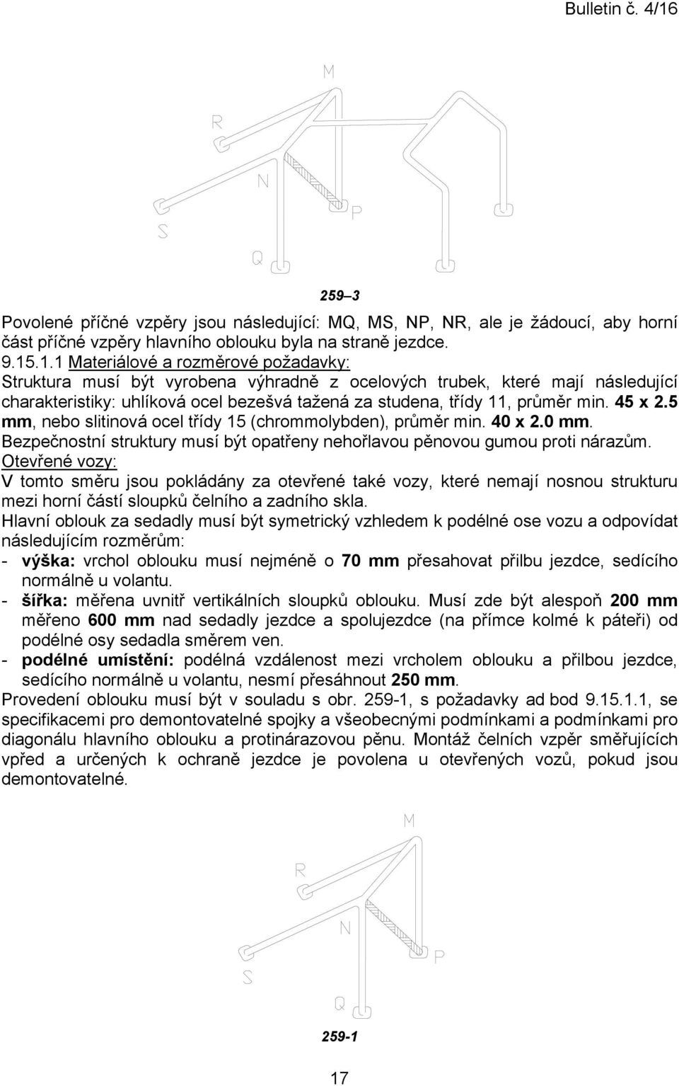 45 x 2.5 mm, nebo slitinová ocel třídy 15 (chrommolybden), průměr min. 40 x 2.0 mm. Bezpečnostní struktury musí být opatřeny nehořlavou pěnovou gumou proti nárazům.