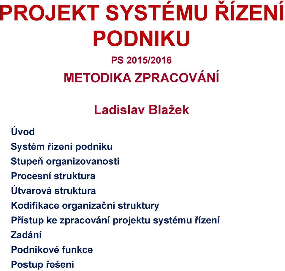 Procesní struktura Útvarová struktura Kodifikace organizační struktury