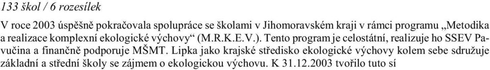 Lip ka jako kraj ské støe dis ko eko lo gic ké vý cho vy ko lem sebe sdružuje zá klad ní a støed ní ško ly se zá jmem o eko lo gic kou vý cho vu. K 31.12.