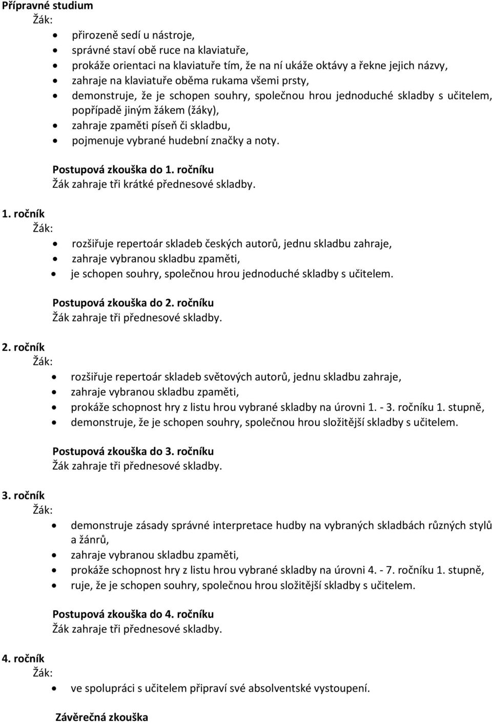 Postupová zkouška do 1. ročníku Žák zahraje tři krátké přednesové skladby. 1. ročník rozšiřuje repertoár skladeb českých autorů, jednu skladbu zahraje, zahraje vybranou skladbu zpaměti, je schopen souhry, společnou hrou jednoduché skladby s učitelem.