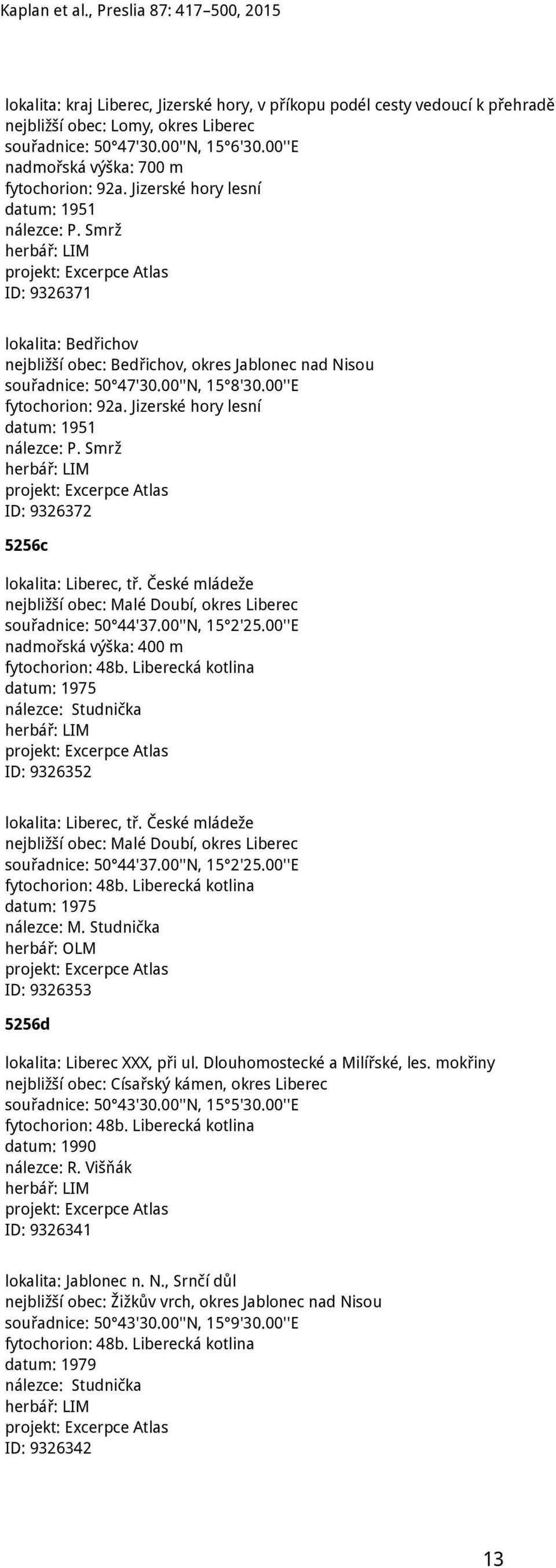 00''E fytochorion: 92a. Jizerské hory lesní datum: 1951 nálezce: P. Smrž herbář: LIM ID: 9326372 5256c lokalita: Liberec, tř.